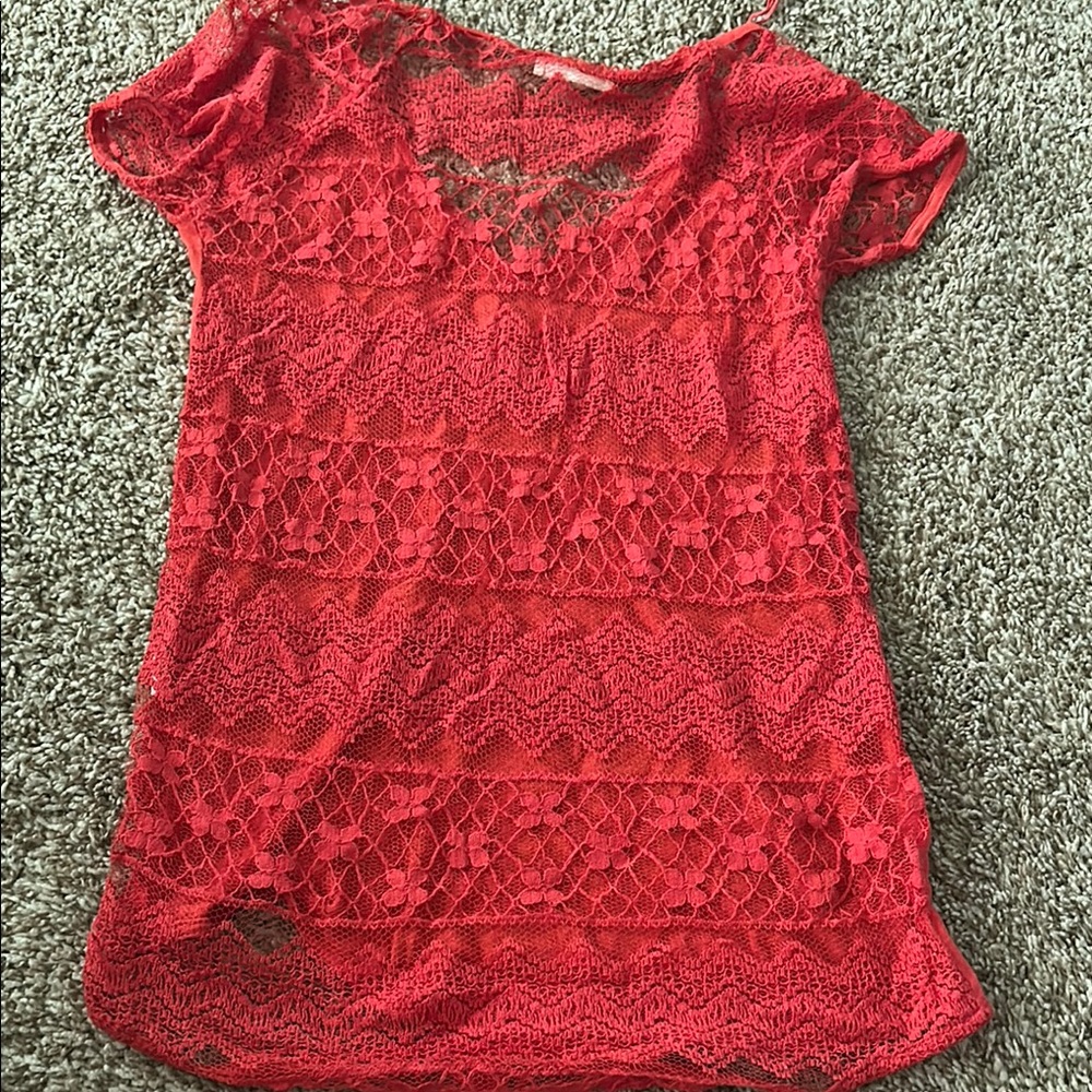 Zara Red sheer lace back short sleeve sweater